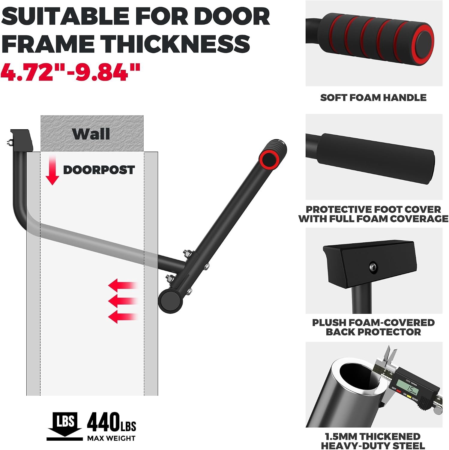 ONETWOFIT Pull Up Bar for Doorway, 440 lbs Heavy Duty Upper Body Fitness Workout Bar for Home Gym Exercise, Multi-Grip Strength Wall Mounted Door Frame Chin-Up Bar for Almost All Doors