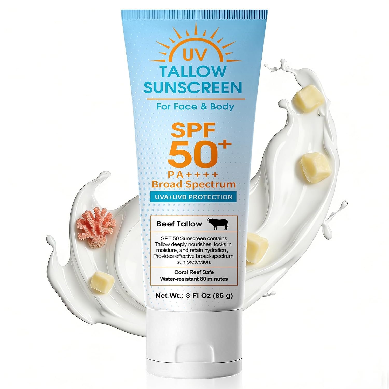 Beef Tallow Sunscreen SPF 50, Broad Spectrum Mineral Lotion with Non-Nano Zinc Oxide – No White Cast, Non-Greasy, Reef-Safe & Water-Resistant for Sensitive Skin (3 Fl Oz)