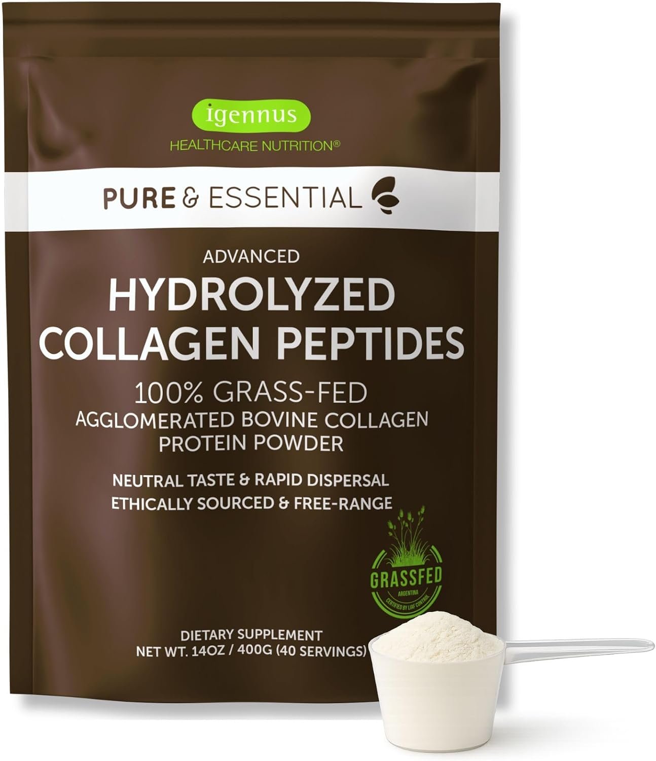 Igennus Advanced Grass Fed Hydrolyzed Bovine Collagen Peptides, 40 Servings