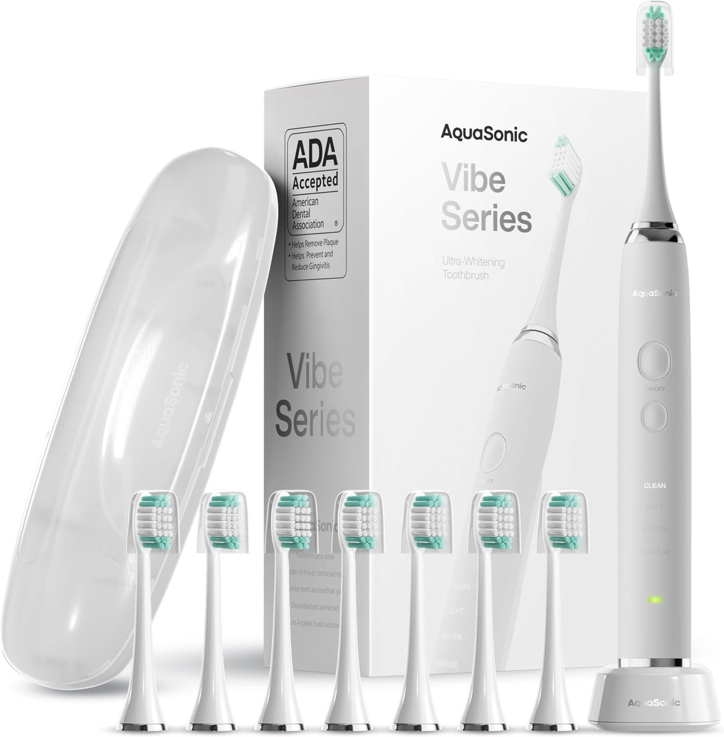 Aquasonic Vibe Series Ultra-Whitening Toothbrush – ADA Accepted Electric Toothbrush – 8 Brush Heads & Travel Case – 40,000 VPM Motor & Wireless Charging – 4 Modes w Smart Timer – Optic White
