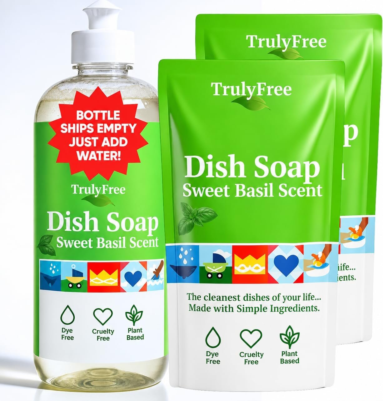 Truly Free Natural, Plant-Based Dish Soap Kit – Sweet Basil – 16 fl oz