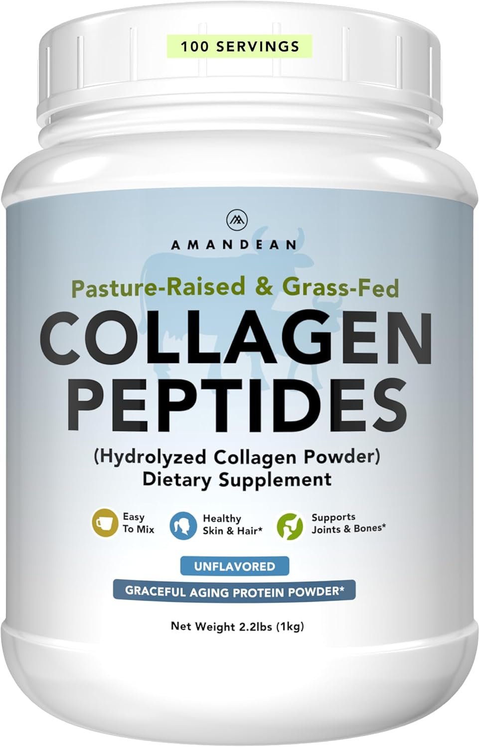 AMANDEAN Collagen Peptides Powder, Grass-Fed, Hydrolyzed, Type 1 & 3, 1kg