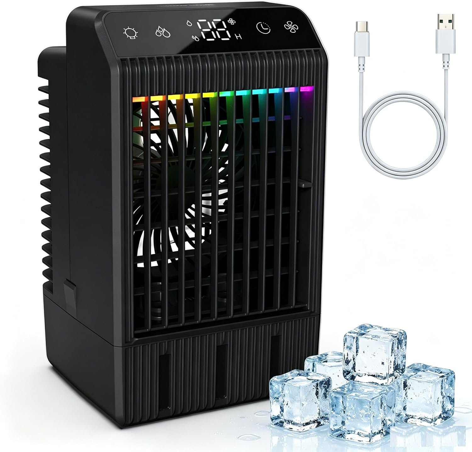 Portable Air Conditioner with LED Display, 1000ML Mini AC Air Conditioner 4-in-1 Air Cooler Humidifier with 7 Colors Light, Timer Personal Evaporative Air Cooler Cooling Fan for Bedroom Office Home