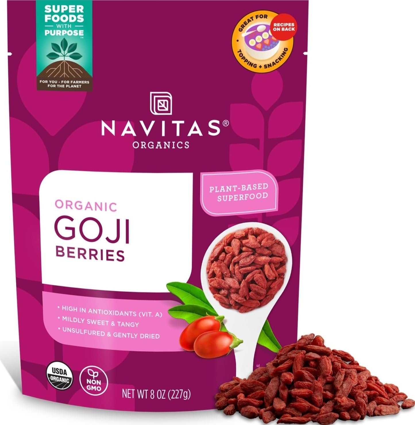 Navitas Organics Goji Berries – For Smoothies, Trail Mix, Baked Goods, Oatmeal & More – Vitamin A, Antioxidants, Fiber – Wolfberry – USDA Organic, Non GMO, Gluten Free, Vegan (8oz. Bag, 8 Servings)