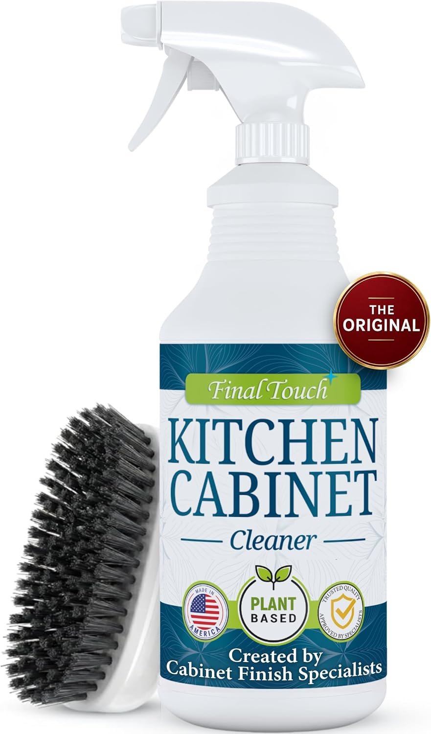 Kitchen Cabinet Cleaner and Degreaser – Plant Based Grease Remover for Wood, Painted and White Cabinets – Cleans, Restores, Protects Finishes, Streak Free, 32oz with Scrub Brush by Final Touch