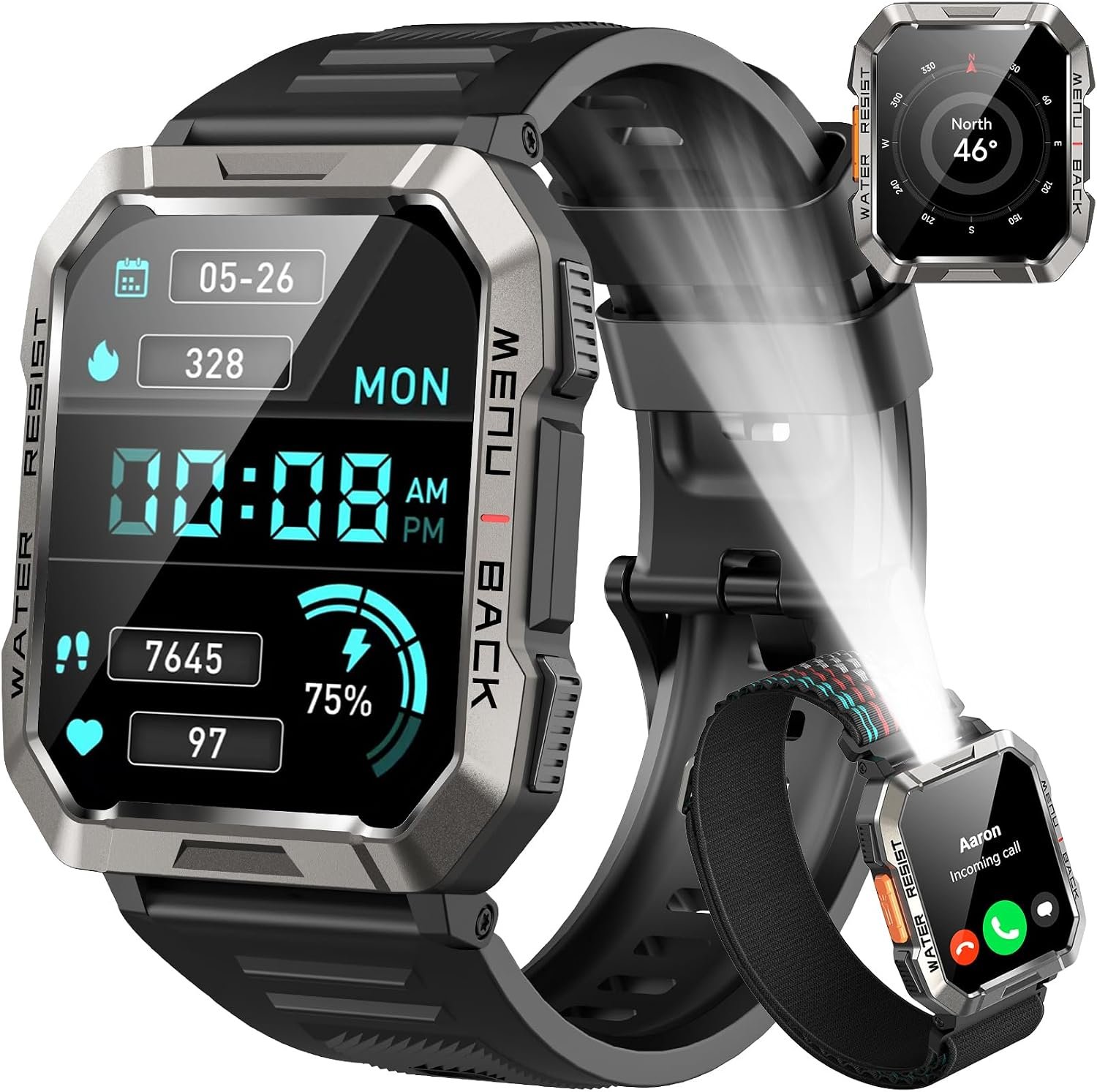 Smart Watch for Men Android iPhone, Bluetooth Call, Outdoor Sports Smartwatch, 100 Days Battery/Compass/Flashlight, 2.01‑Inch HD Touch Screen Fitness Tracker, IP68 Waterproof