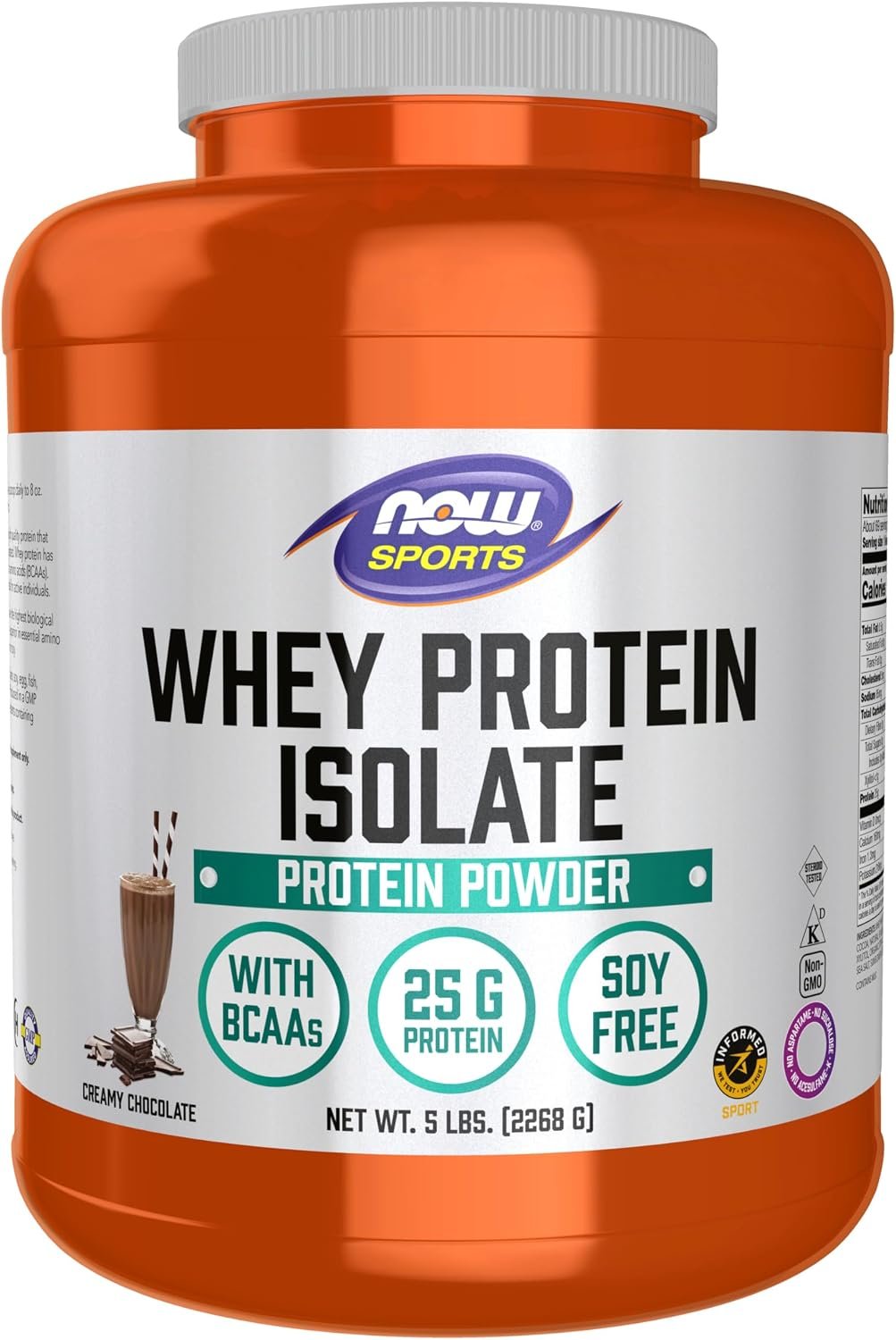NOW Sports, Whey Protein Isolate 25 g With BCAAs, Chocolate Flavor, 5 lbs