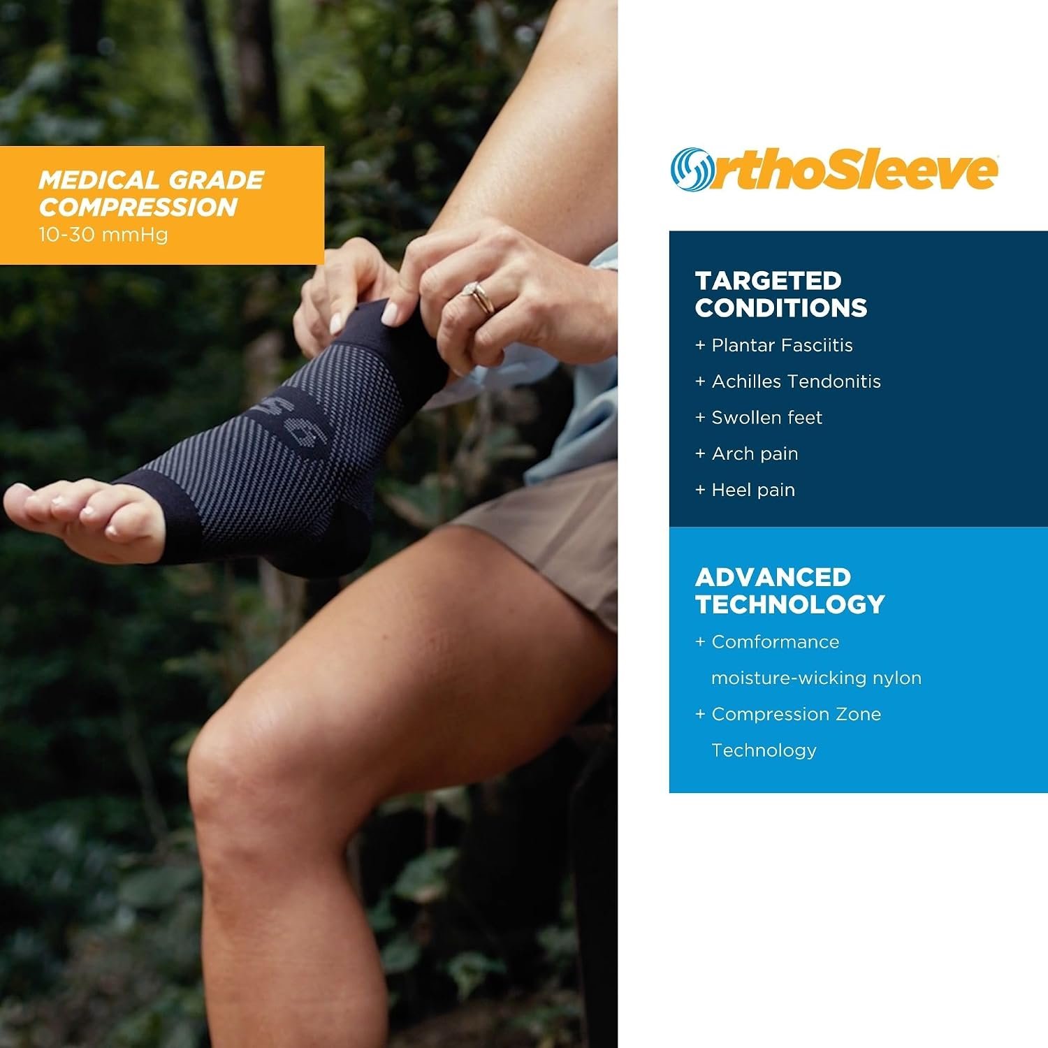 OrthoSleeve FS6 Foot Bracing (Single Sleeve) treats Plantar Fasciitis, Achilles Tendonitis and relieves heel pain in a soft, moisture-wicking fabric