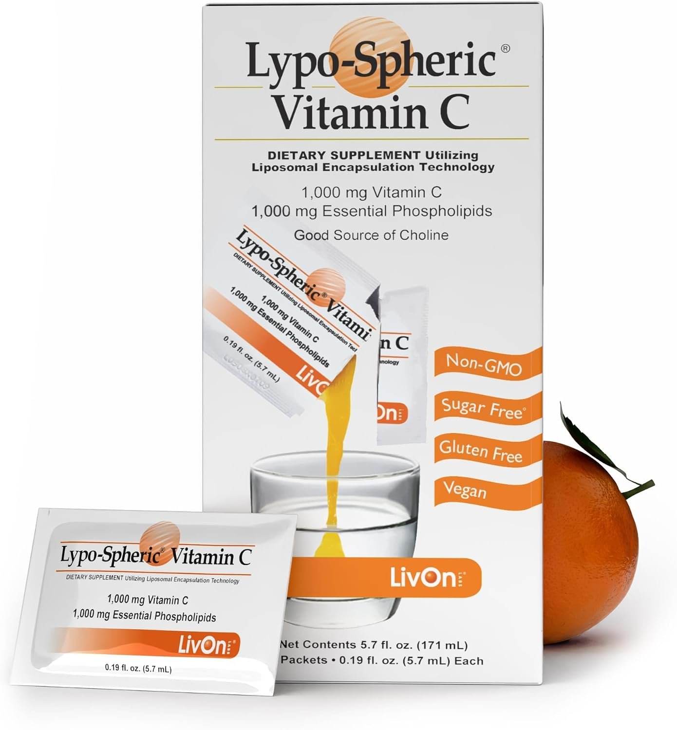 LivOn Laboratories Lypo-Spheric Vitamin C, 1000 mg Vitamin C and Essential Phospholipids Per Packet, Liposome Encapsulated for Improved Absorption, Non-GMO, 0.19 Fl Oz (Pack of 30)