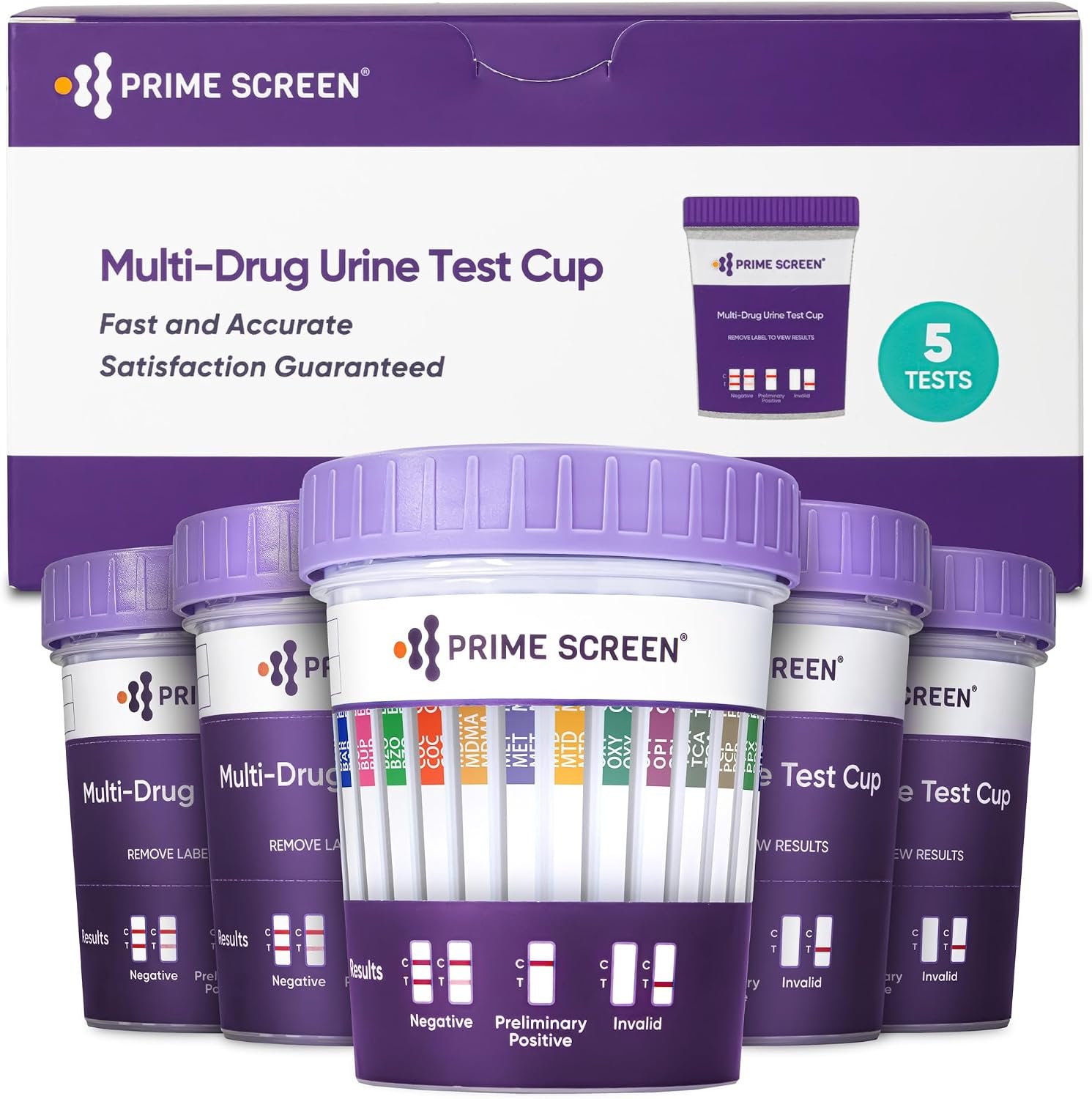[5 pack] Prime Screen 14 Panel Urine Drug Test Cup – Instant Testing Marijuana (THC),OPI,AMP, BAR, BUP, BZO, COC, mAMP, MDMA, MTD, OXY, PCP, PPX, TCA