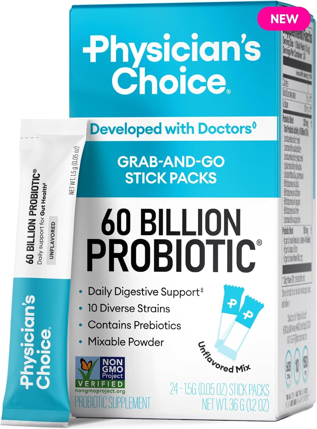Physician’s Choice 60 Billion CFU Probiotic Stick Packs – 10 Strains + Prebiotics – Immune, Digestive & Gut Health – Supports Occasional Constipation, Diarrhea, Gas & Bloating – for Women & Men – 24CT