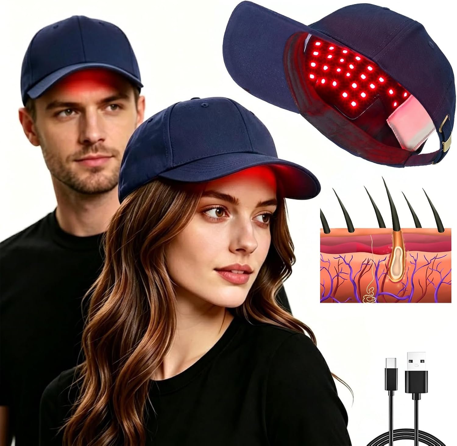 Red Light Therapy for Hair Cap, Hands-Free LLLT Laser Hair Growth Cap, Blue