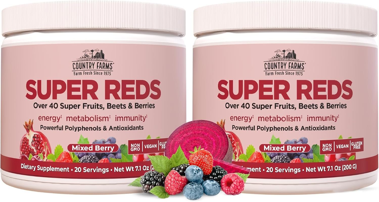 COUNTRY FARMS Super Reds, Energizing Polyphenol Superfood, Over 40 Super Fruits and Berries, Powerful Antioxidants and Polyphenols, Supports Energy, Supports Circulation, 40 Servings, Mixed Berry
