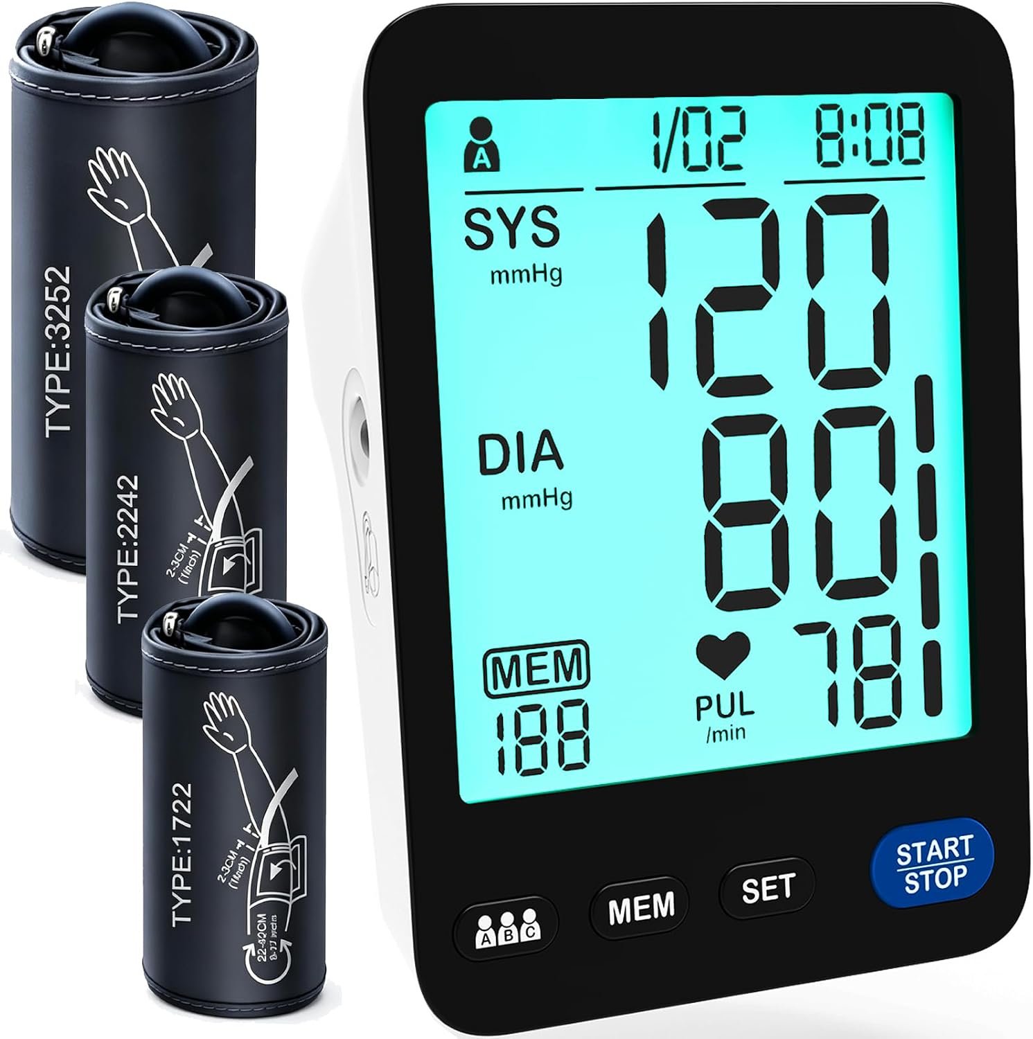Blood Pressure Monitor for Home Use 3Cuff-FDA-Cleared S/M/L/XL Size Automatic Upper Arm BP Machine Adjustable Cuffs Large LCD Digital Display Black 3X199 Memory Fit Teens &Adult All Body Types