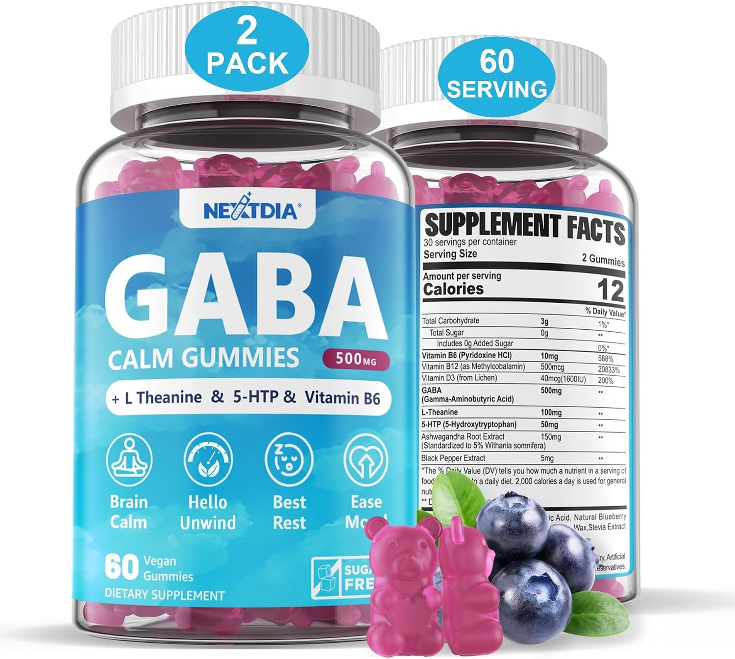 GABA Gummies 500mg – Sugar-Free Calm Mood +Melatonin-Free Sleep Aid Gummies