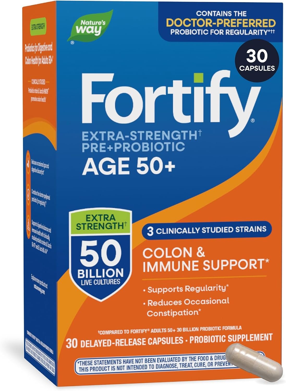 Nature’s Way Fortify Extra Strength(1) Probiotic Adults 50+, 50 Billion Live Cultures, Prebiotics, Probiotics for Digestive Health*, Immune Support*, Colon Health*, 30 Capsules