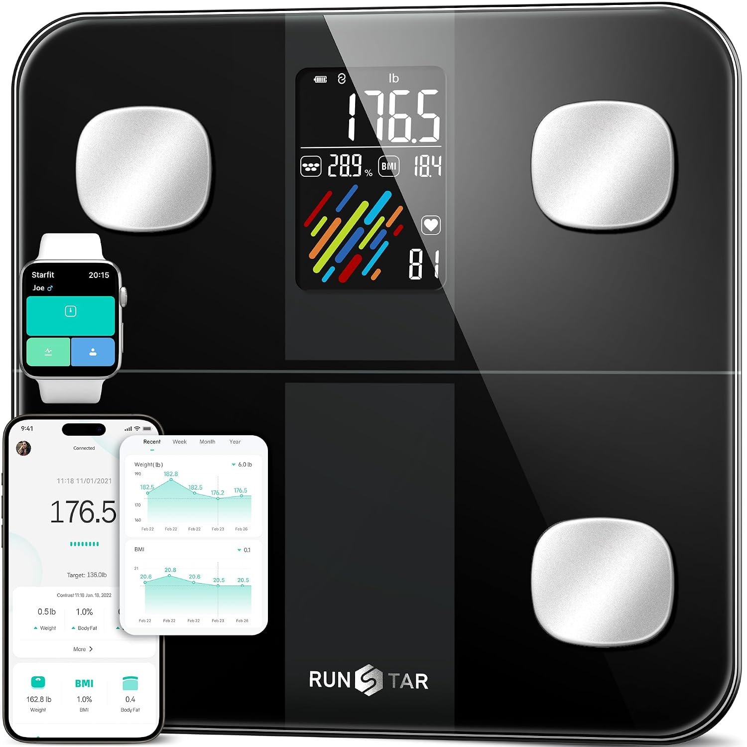 RunStar Smart Scale for Body Weight, High Accuracy Digital Bathroom Scale with Large Display for BMI Muscle Mass Heart Rate, 22 Body Composition Analyzer Sync with Fitness App, 400lb