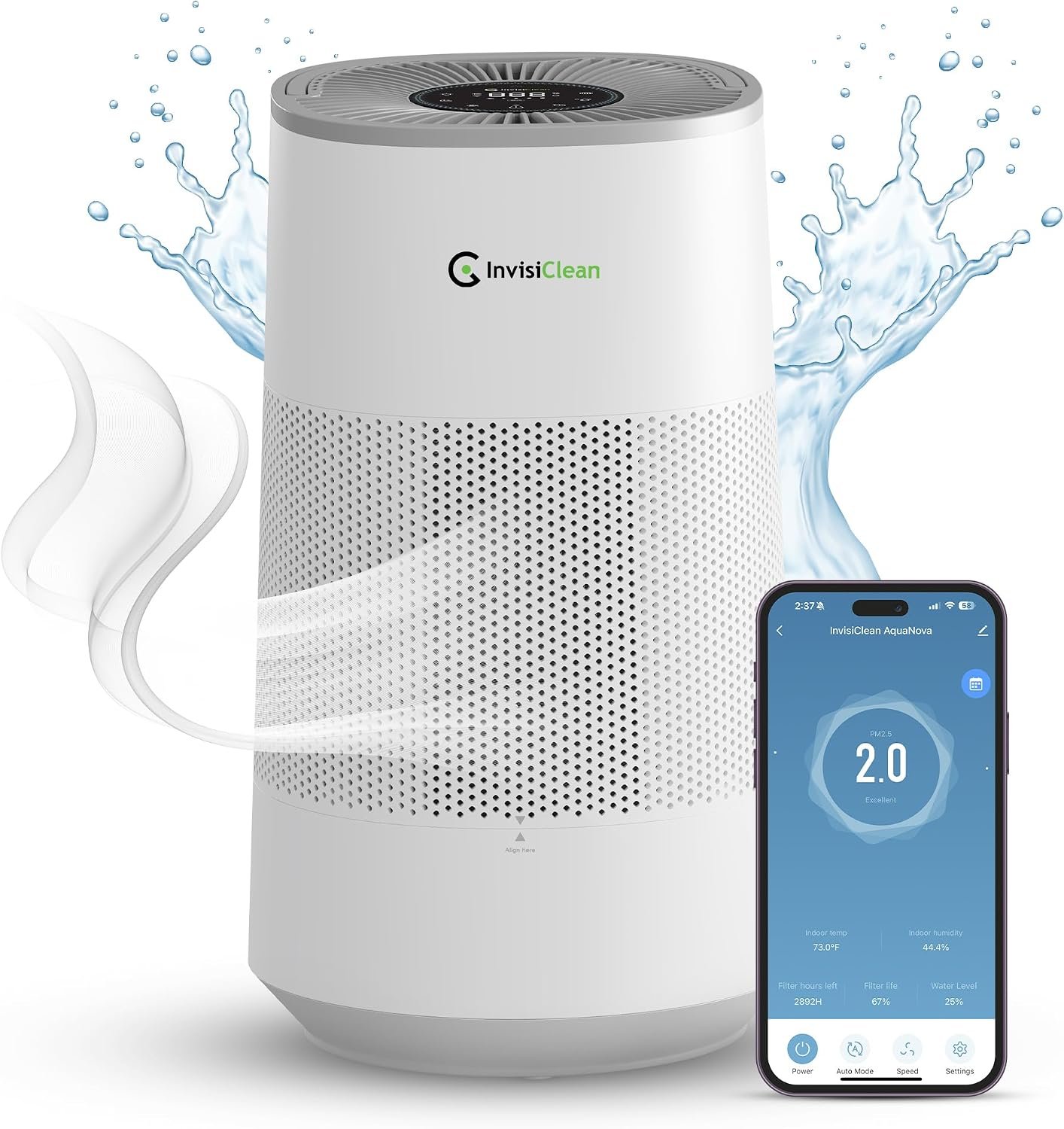 Air Purifier and Humidifier Combo All in One for Bedroom – Quiet 2 in 1 Smart Air Humidifier and Purifier for Home – Use Year-round for up to 1100 sq ft – InvisiClean AquaNova