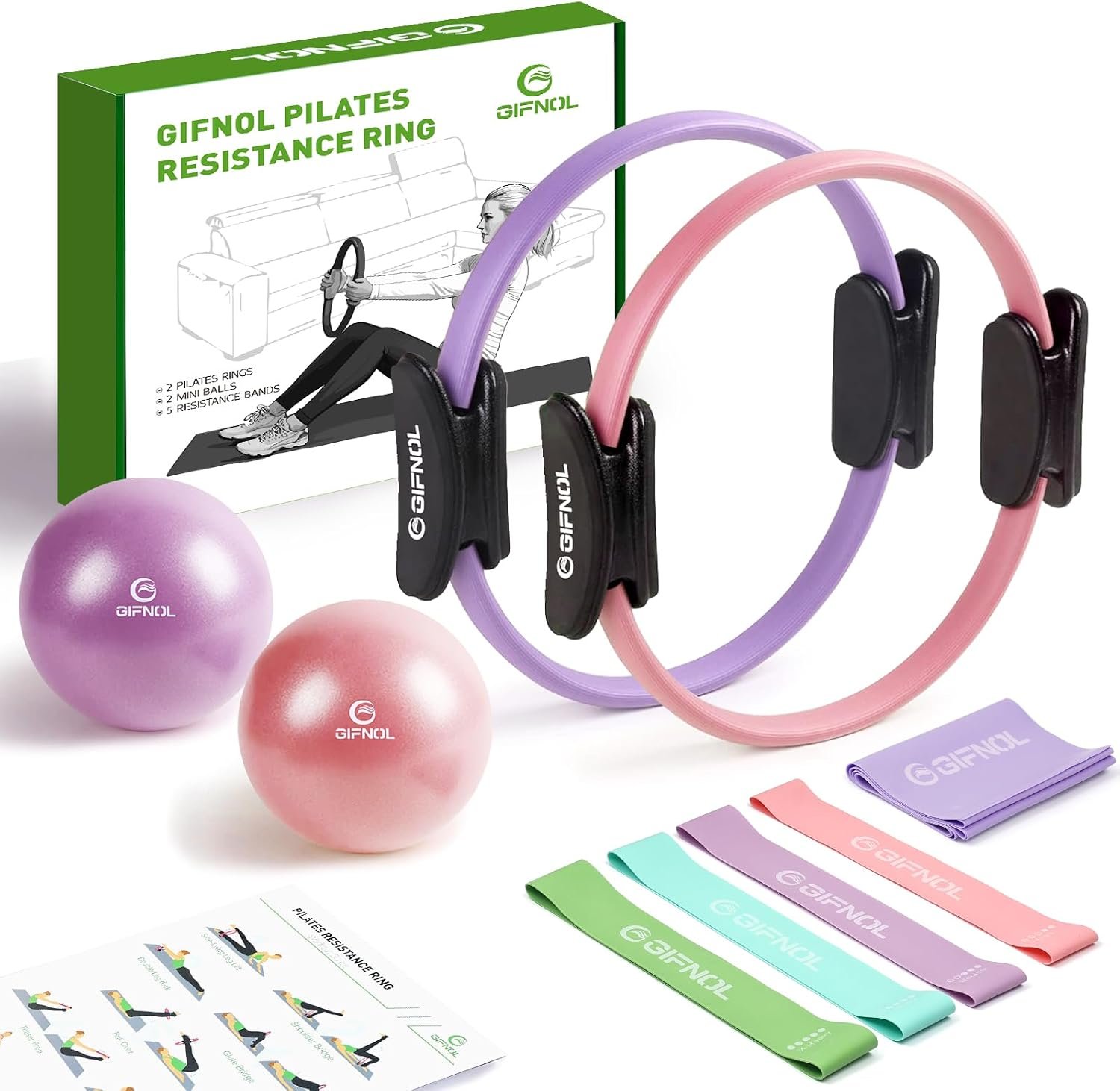 Pilates Ring and Ball Set with Resistance Bands – Pilates Equipment for Home Workout – 14” & 12” Pilates Rings, 2 Pilates Balls, 5 Resistance Bands for Toning Arms, Thighs/Legs & Core