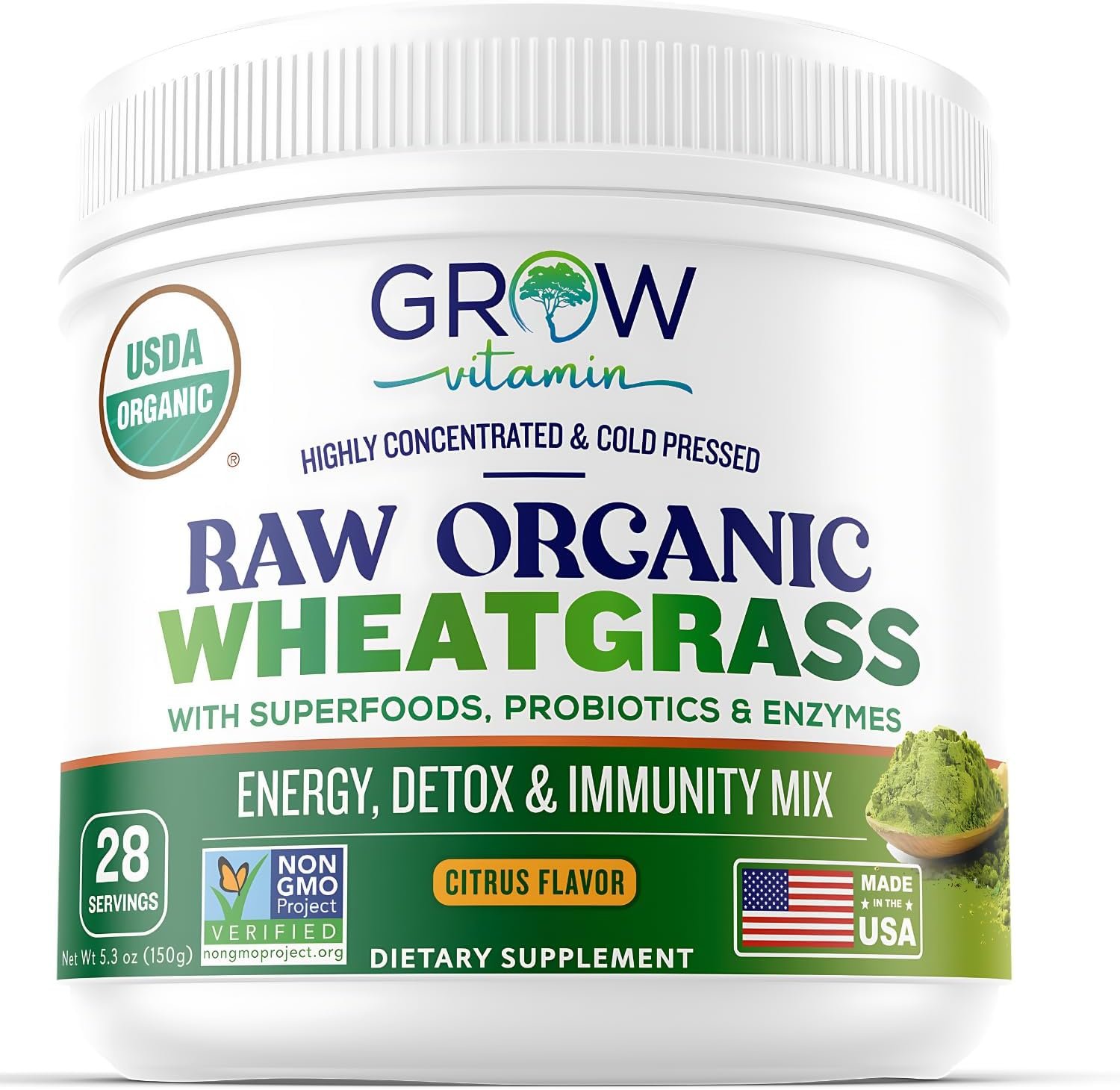 Organic Raw Wheatgrass Juice Powder – USDA Certified Organic Wheatgrass Powder w/Chlorophyll, Trace Minerals & Natural Enzymes – Ultra-Concentrated – Citrus Flavor – (28 Servings)