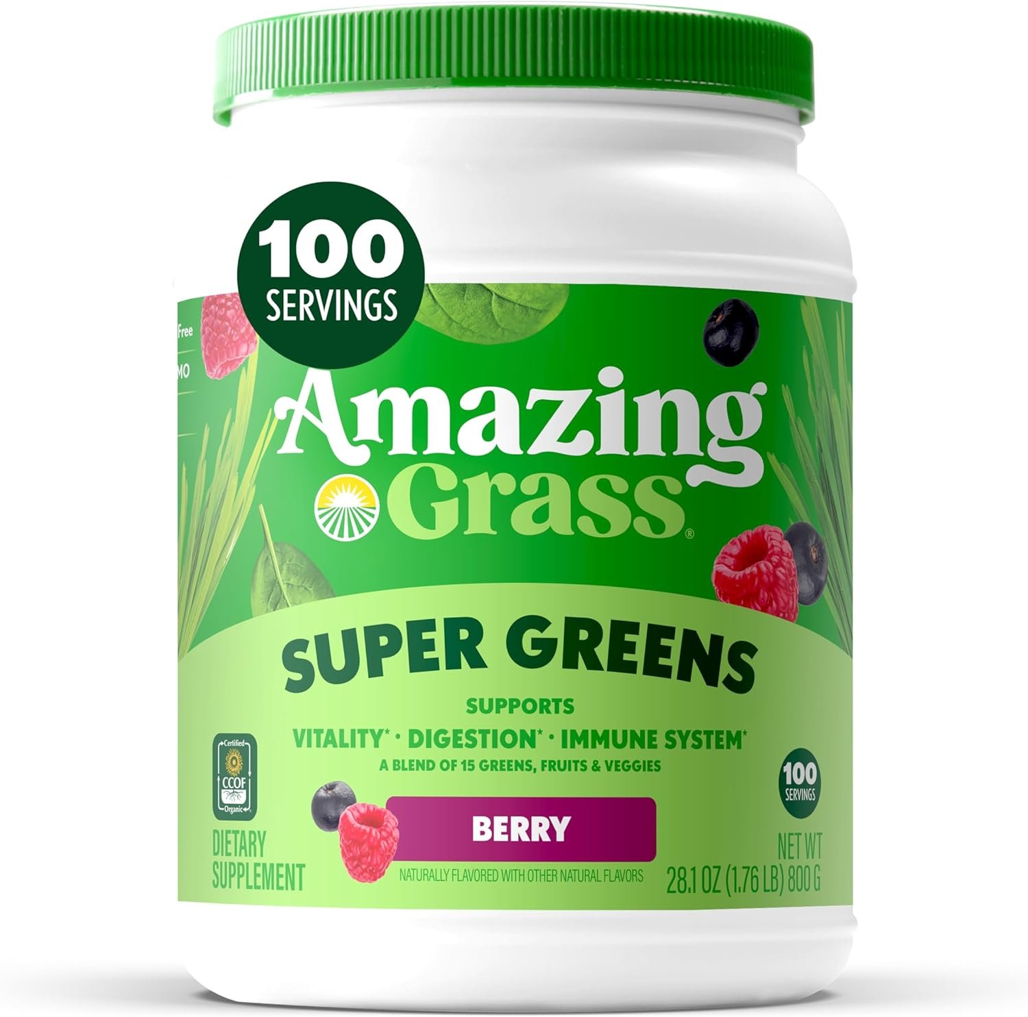 Amazing Grass Super Greens Powder, Organic, Berry, 100 Servings