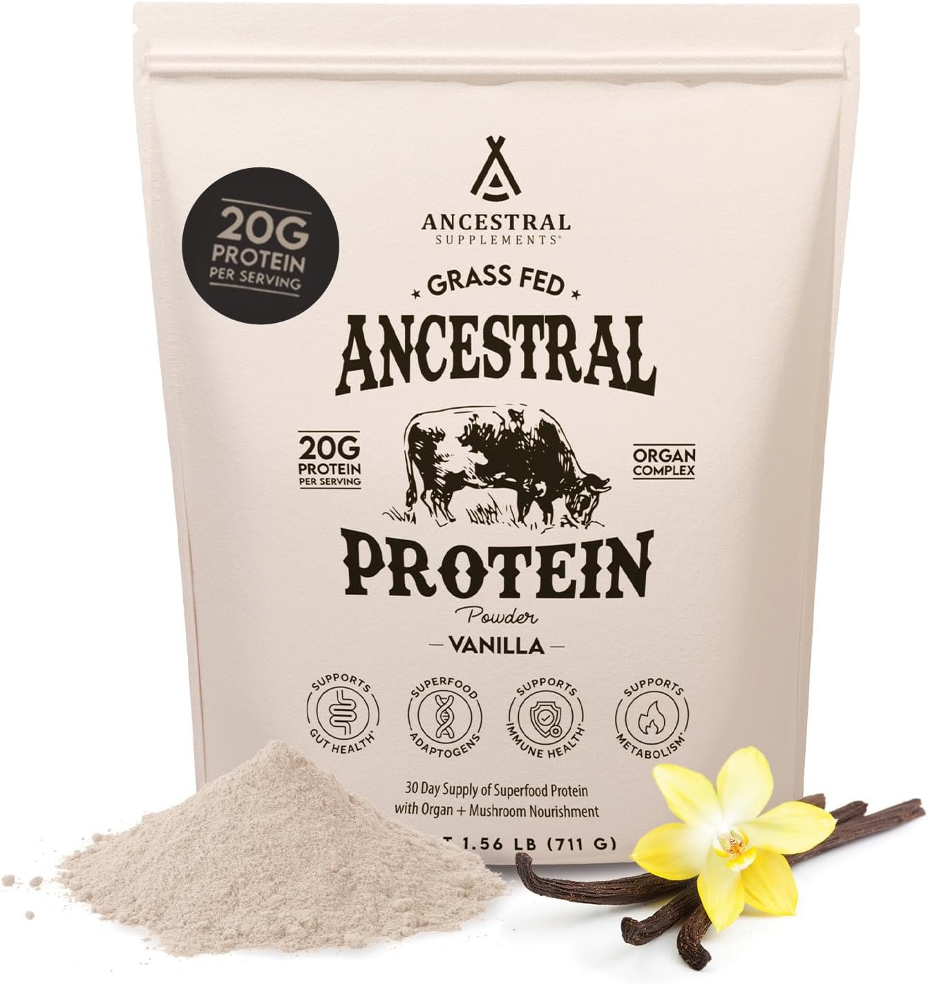 Ancestral Supplements Bone Broth Protein Powder, Vanilla, 30 Servings