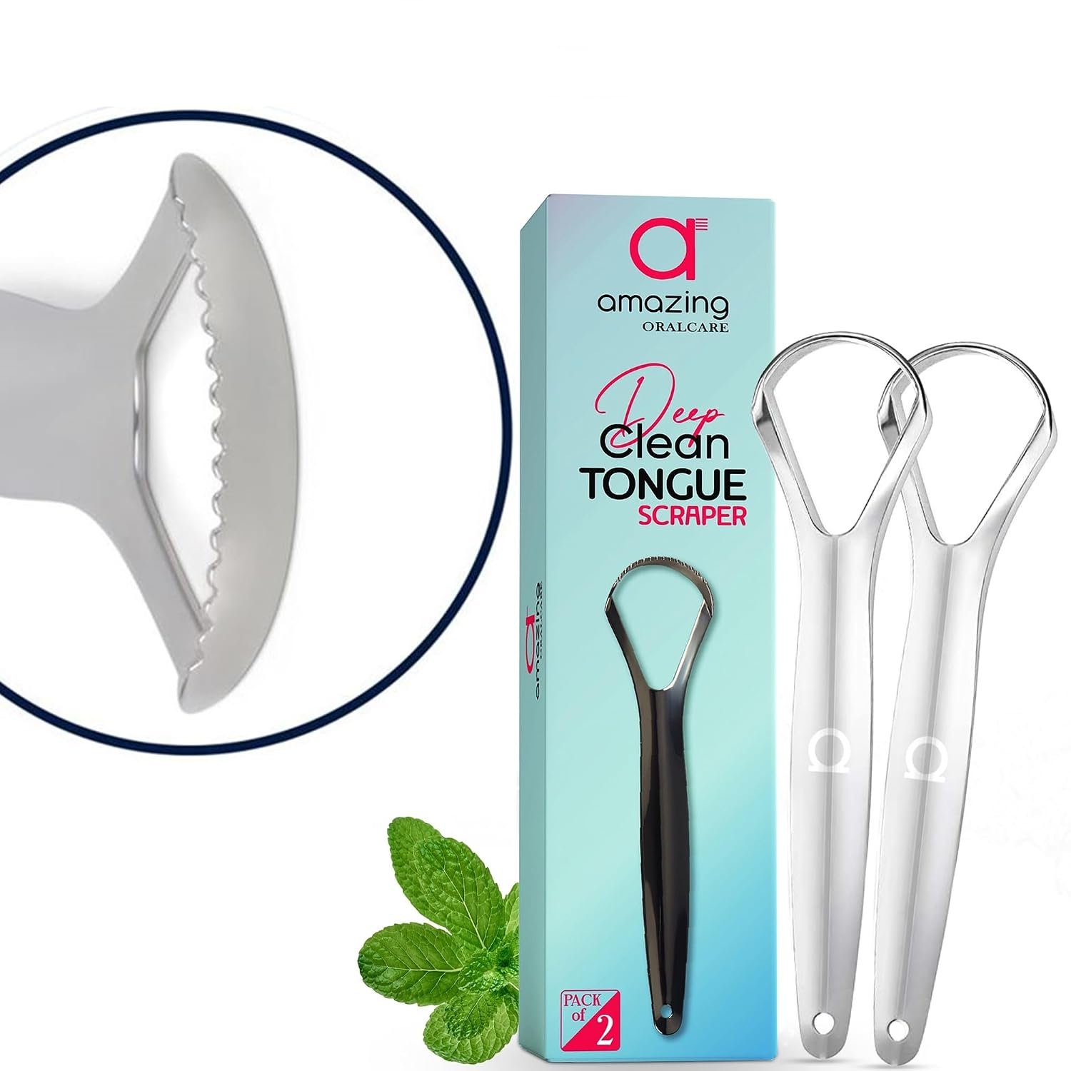 Deep Clean Tongue Scraper- Double-Ended – Flat + Serrated Edge Design, (2pk) Stainless Steel, by Amazing Oralcare