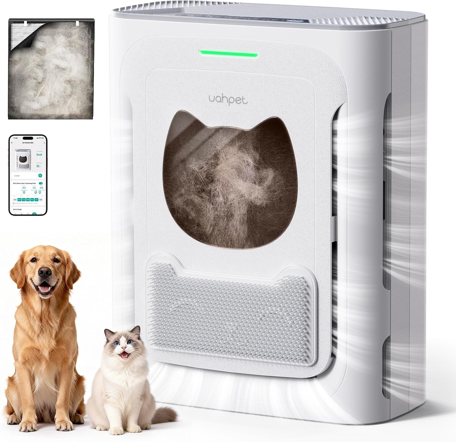 uahpet Pet Air Purifier for Home, Reduce Pet Hair, Dander, Odors, Dust, Smoke for Large Rooms up to 2100 Ft², Air Cleaner with H13 HEPA, Washable Pre-Filter & Air Quality Monitor, White+Gray