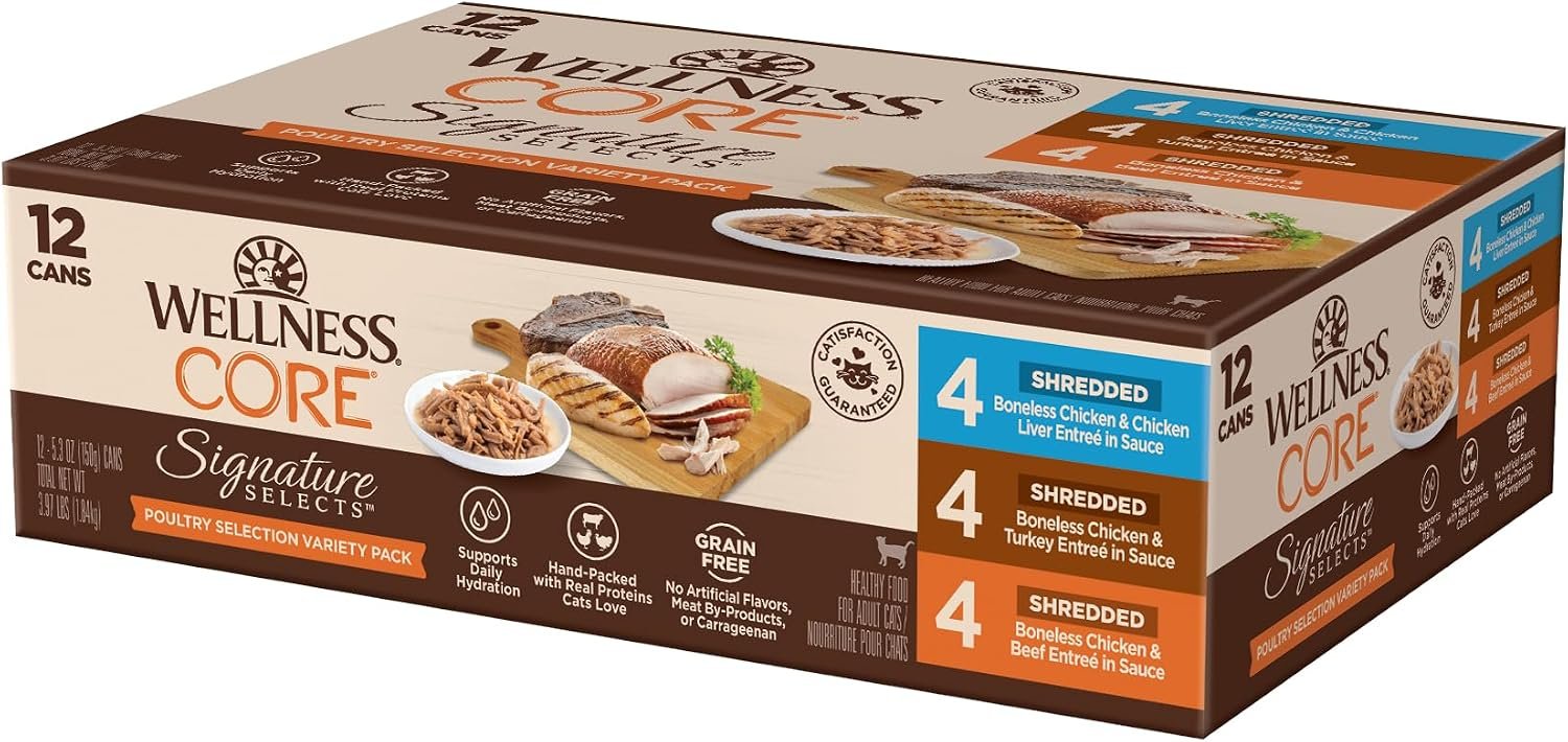 Wellness CORE Signature Selects Variety Pack Adult Canned Wet Cat Food, Natural, Protein Rich, Grain Free, Poultry Recipes, 2.8 oz, Pack of 8 Cans