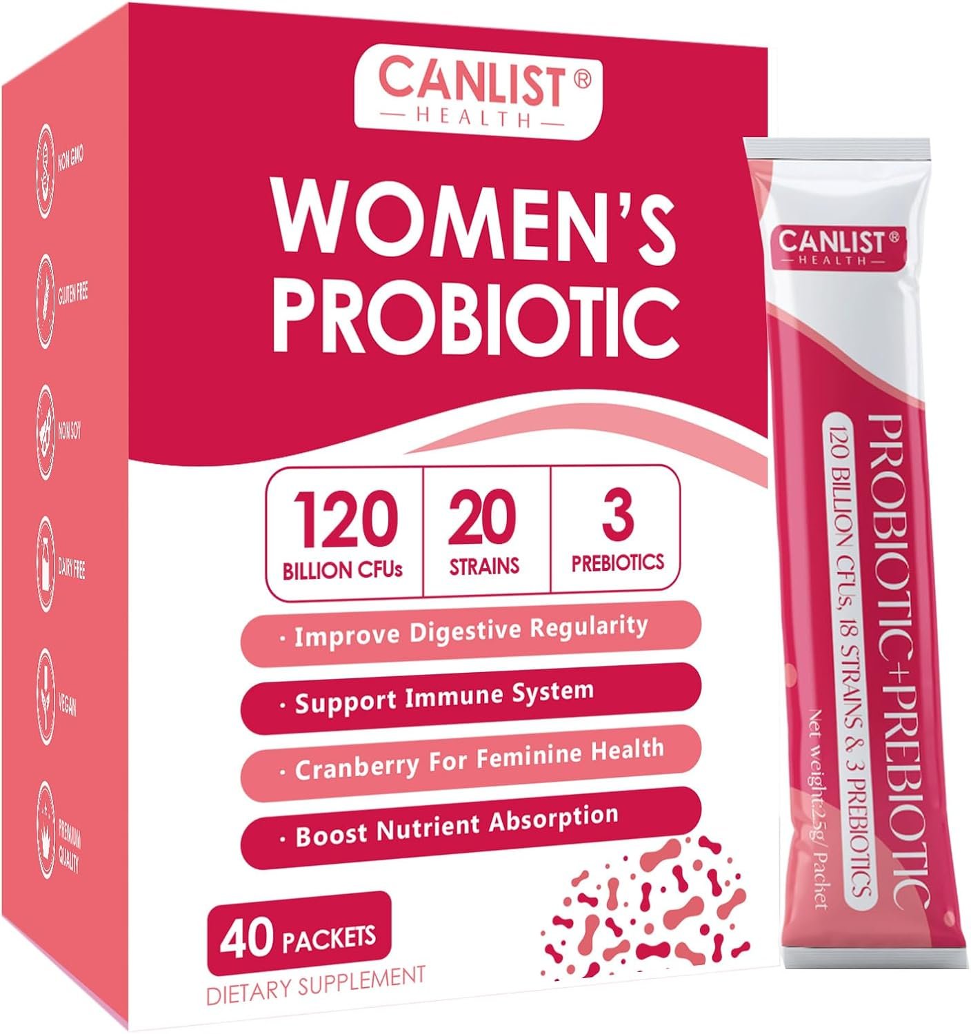 CANLIST Women’s Probiotic Powder – 120 Billion CFUs, 20 Strains, Cranberry Extract & 3 Prebiotics, Help for Immune Booster, Digestive Health, Vaginal & Urinary Health, 40 Packets