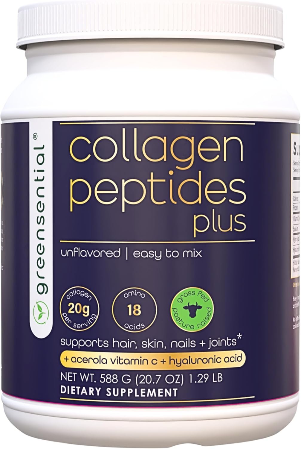 Greensential Collagen Peptides Powder 21oz + Vitamin C & Hyaluronic Acid | 100% Hydrolyzed Grass-Fed | Hair, Skin, Nail & Joint Support | Easy to Mix, Unflavored, 28 Servings
