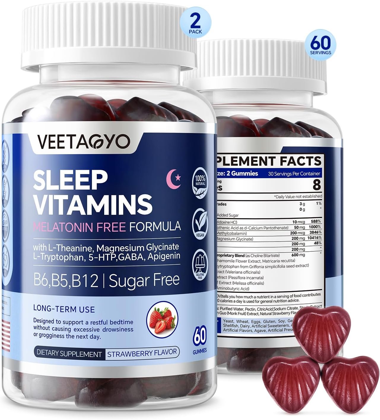 VEETAGYO Melatonin Free 5-HTP GABA Supplement Gummies 120Cts