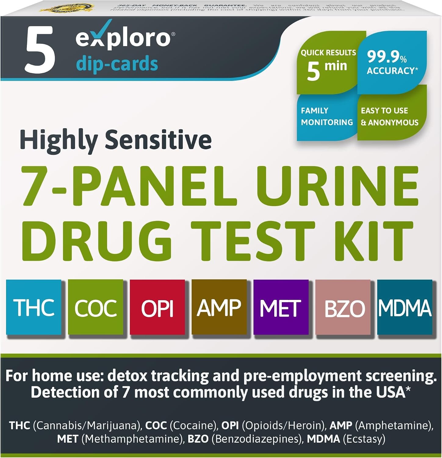Exploro Drug Test Kit for All Drugs, 7 Panel Urine Multidrug Screen, 5 Pack
