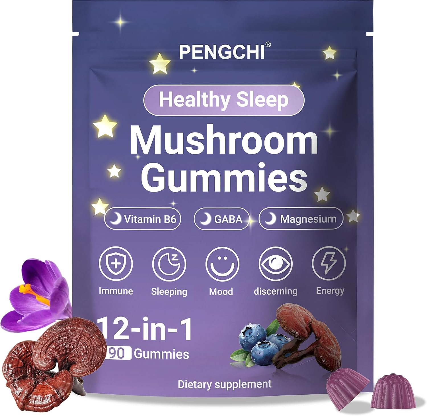 PENGCHI Mushroom Sleep Gummies for Adults | Calm & Relaxation Support, 90ct
