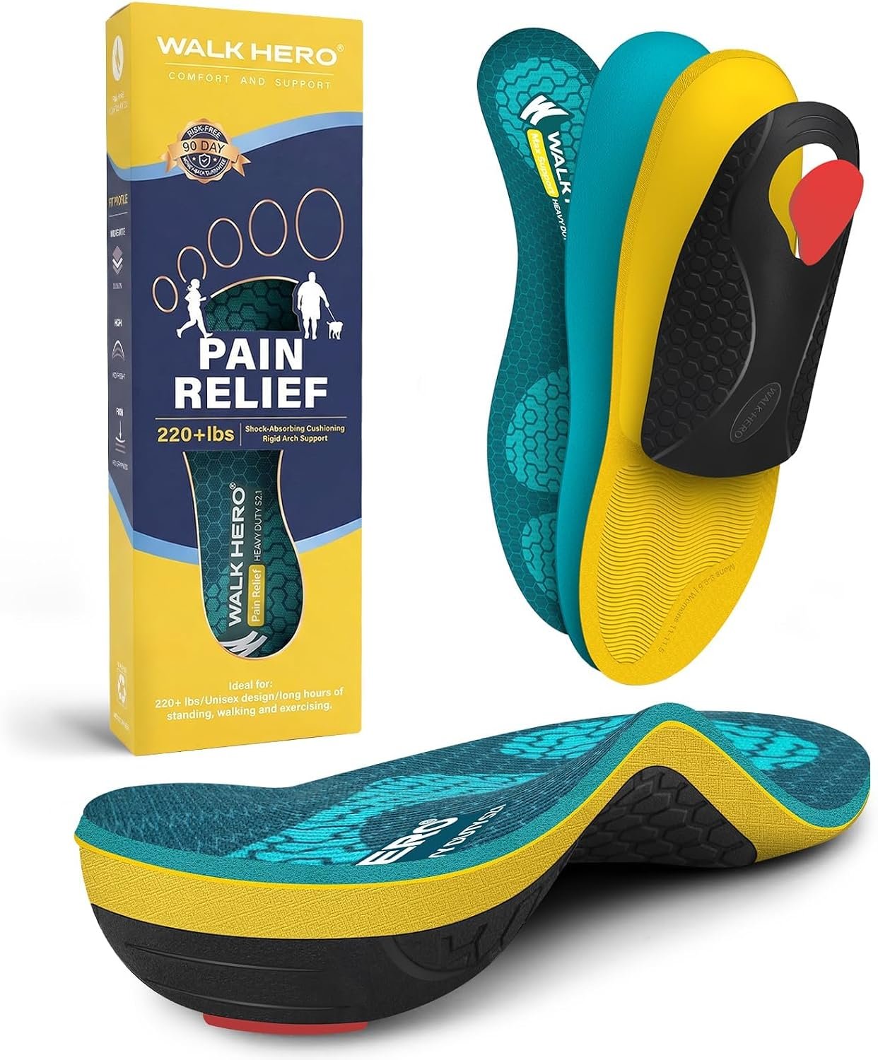 WalkHero Heavy Duty High Arch Support Insoles, 220+lbs Orthotics Inserts
