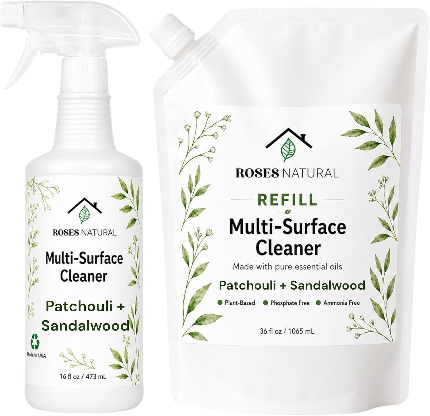 Multi-Surface Cleaner Starter Kit, Plant-Based All Purpose Cleaner Spray, 16 oz Bottle + 36 oz Refill Pouch, 52 fl oz Total, Phosphate Free, Ammonia Free (Patchouli + Sandalwood)