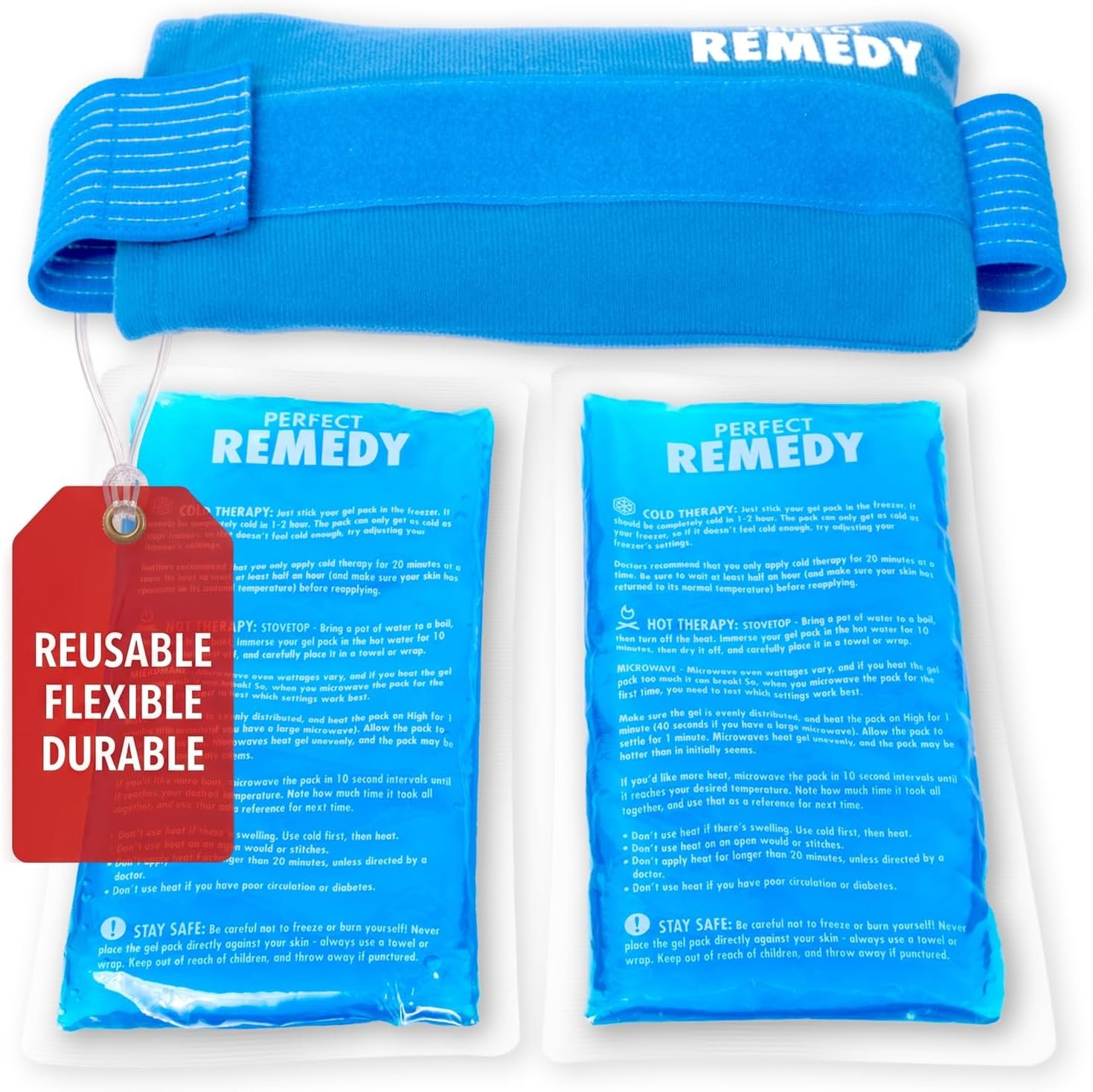 Perfect Remedy 2-Pack Gel Ice Packs for Injuries with Strap Cover, Flexible Hot Cold Compress, Soothing Soft Ice Packs for aid in Injuries Conditions, Alternative to Hot Water Bottles (Blue, Regular)
