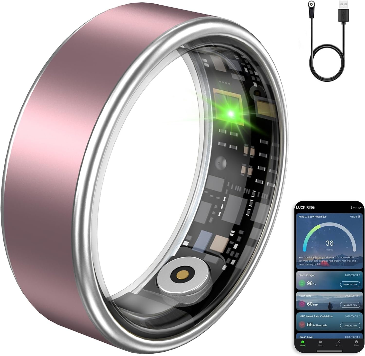 Smart Ring Fitness Tracker Ring for Women & Men, Sleep/Step/Blood Oxygen/Heart Rate Monitor, Long-Lasting Battery Sleep Ring, No Subscription Fee (Matte Pink, 8)