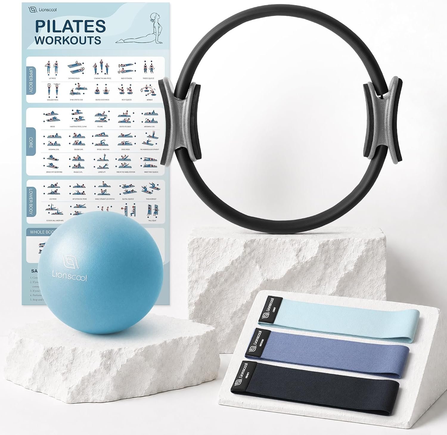 LIONSCOOL Pilates Ring Set 14″ Magic Circle, 9″ Mini Ball, Resistance Bands