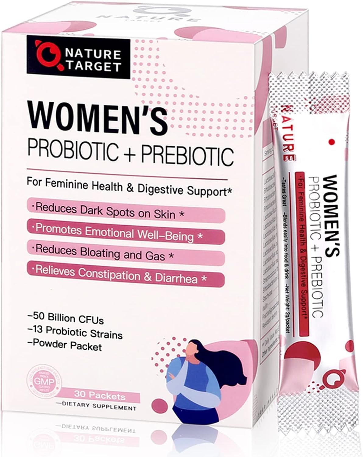 NATURE TARGET Probiotics Powder for Women, 50 Billion CFUs, 30 Stick Packs
