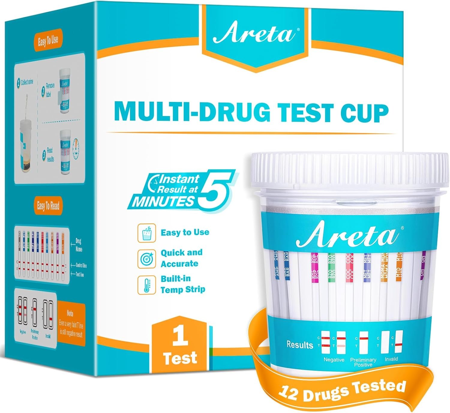 Areta Multi-Drug Test Cup – 12 Panel Home Urine Drug Testing Kit, 1 Pack