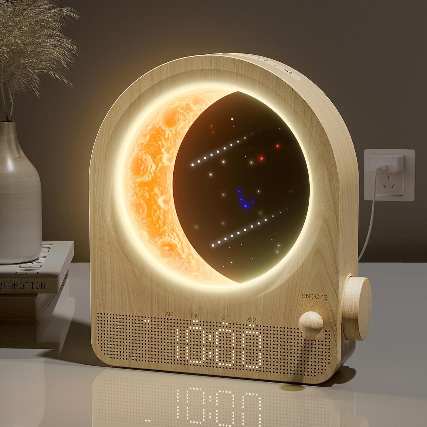 blonbar Sunrise Alarm Clocks for Bedrooms, Stepless Dimmable Moon Lamp Dual Alarm Clock with 12Levels Volume for Heavy Sleepers, 10 Natural Sounds with 30/60/90mins Timer, Gifts for Women