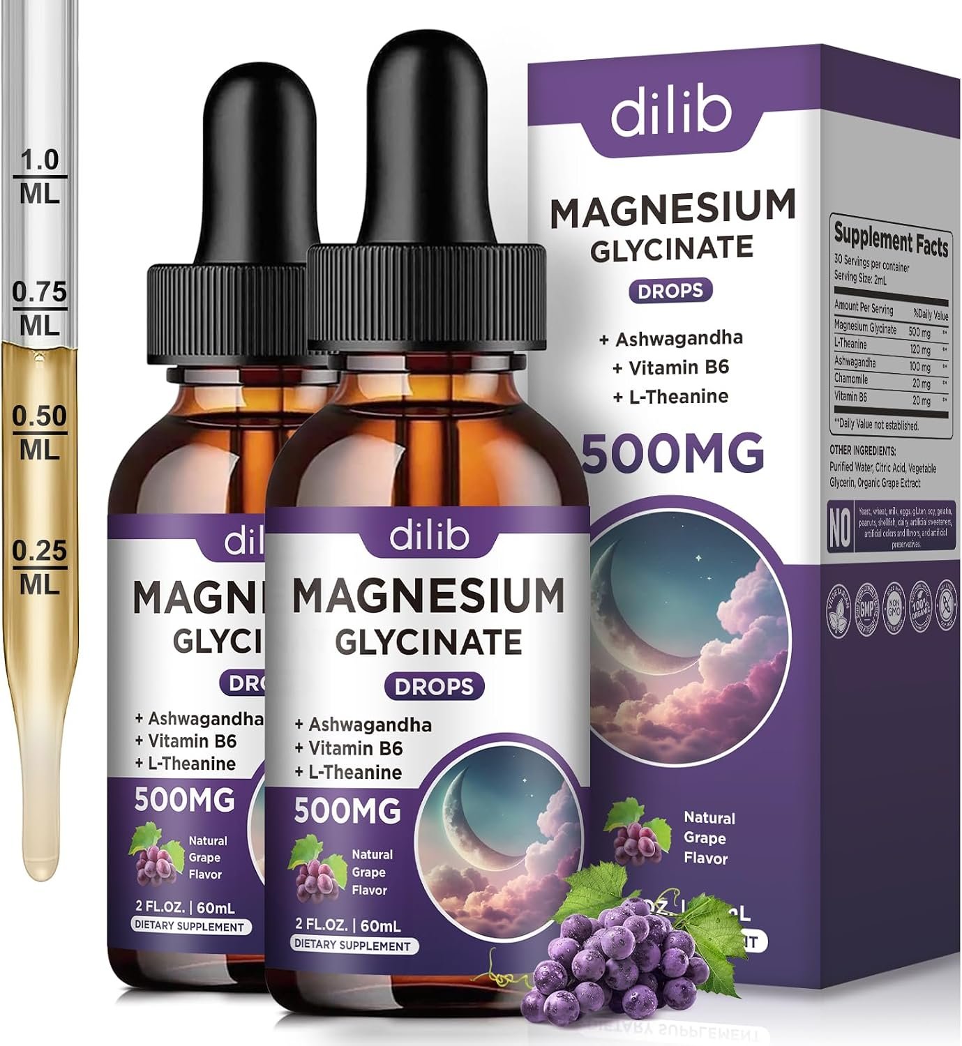 (2 Pack) Magnesium Glycinate Liquid Drops 500mg, with Vitamin B6, Ashwagandha, L – Theanine, Chamomile, Magnesium Glycinate Supplement High Absorption for Sleep, Stress, Energy Mood – Grape Flavor