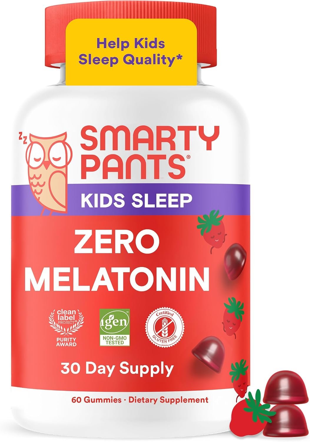 SmartyPants Kids Sleep Zero Melatonin Gummies with L-Theanine, Lemon Balm & Magnesium, Gluten Free, Clean Label, Drug Free Sleep Aid, Strawberry Flavor, 60 Gummies (30 Day Supply)