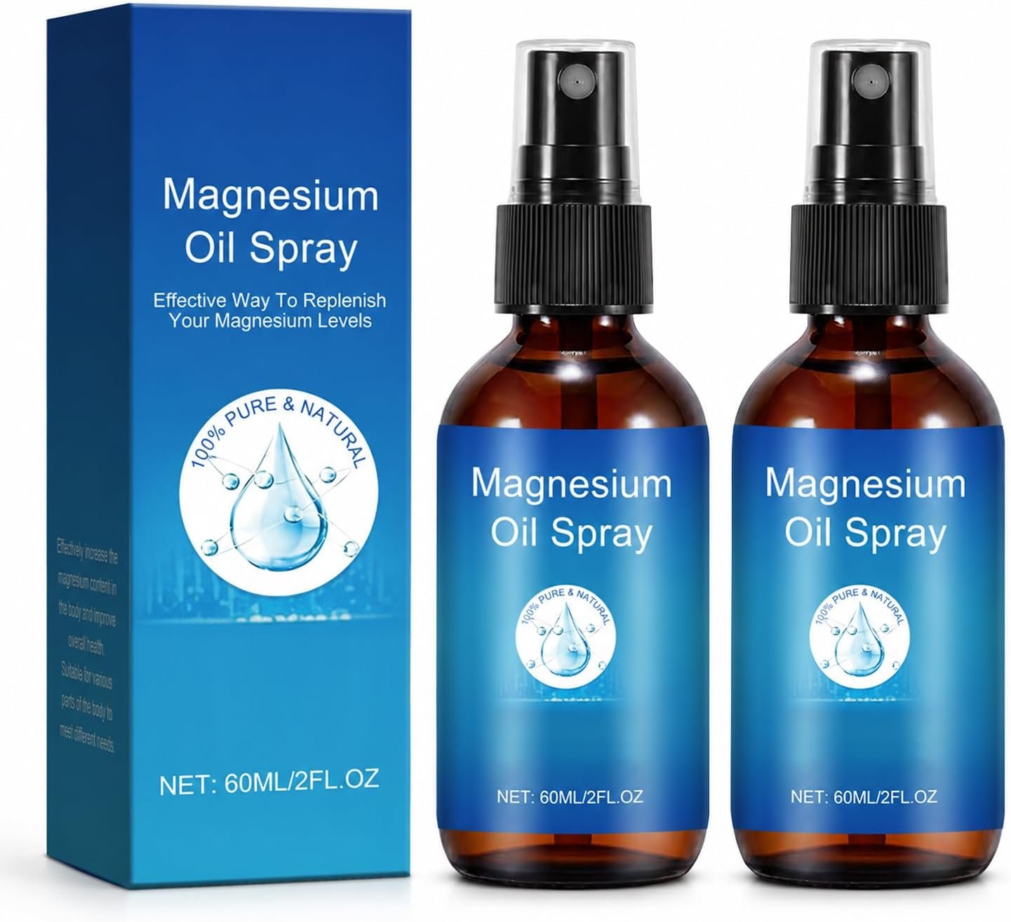 2Pcs Magnesium Spray, Pure Magnesium Oil Spray for Feet, Magnesium Oil Body Care Natural Formula, Easy to Absorb and Soothe, Easy to Absorb and Use