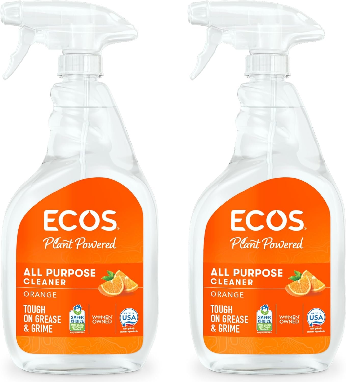 ECOS Plant-Based Multi-Surface Cleaner Spray, No Harsh Chemicals – For Counters, Glass, Tile, and More, Orange, 22 Fl Oz, Pack of 2