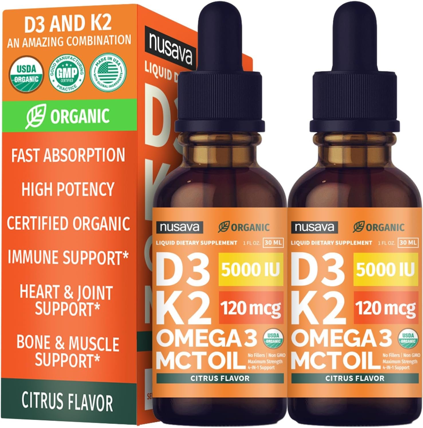 NUSAVA Organic Vitamin D3 K2 Drops with MCT Oil, Citrus, Pack of 2