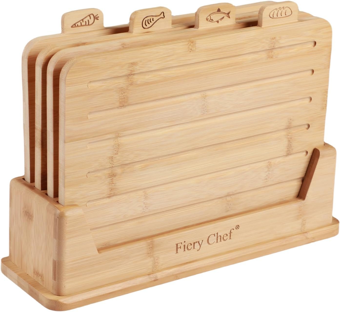 4 Piece Bamboo Cutting Boards Set with Food Icons & Stand, 14.56″L x 11″W