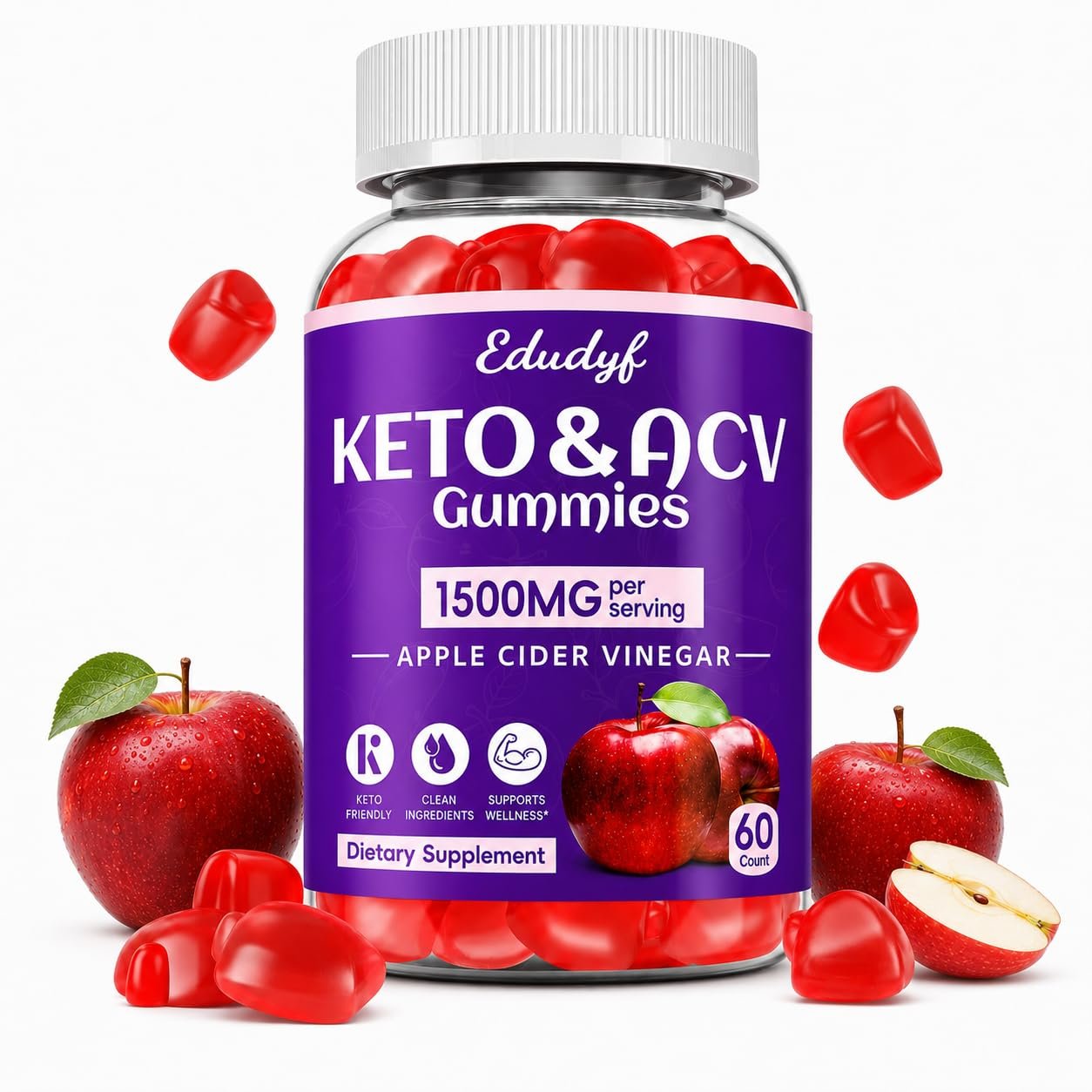 Apple Cider Vinegar Gummies 1500mg with B6 & B12, 60 Count
