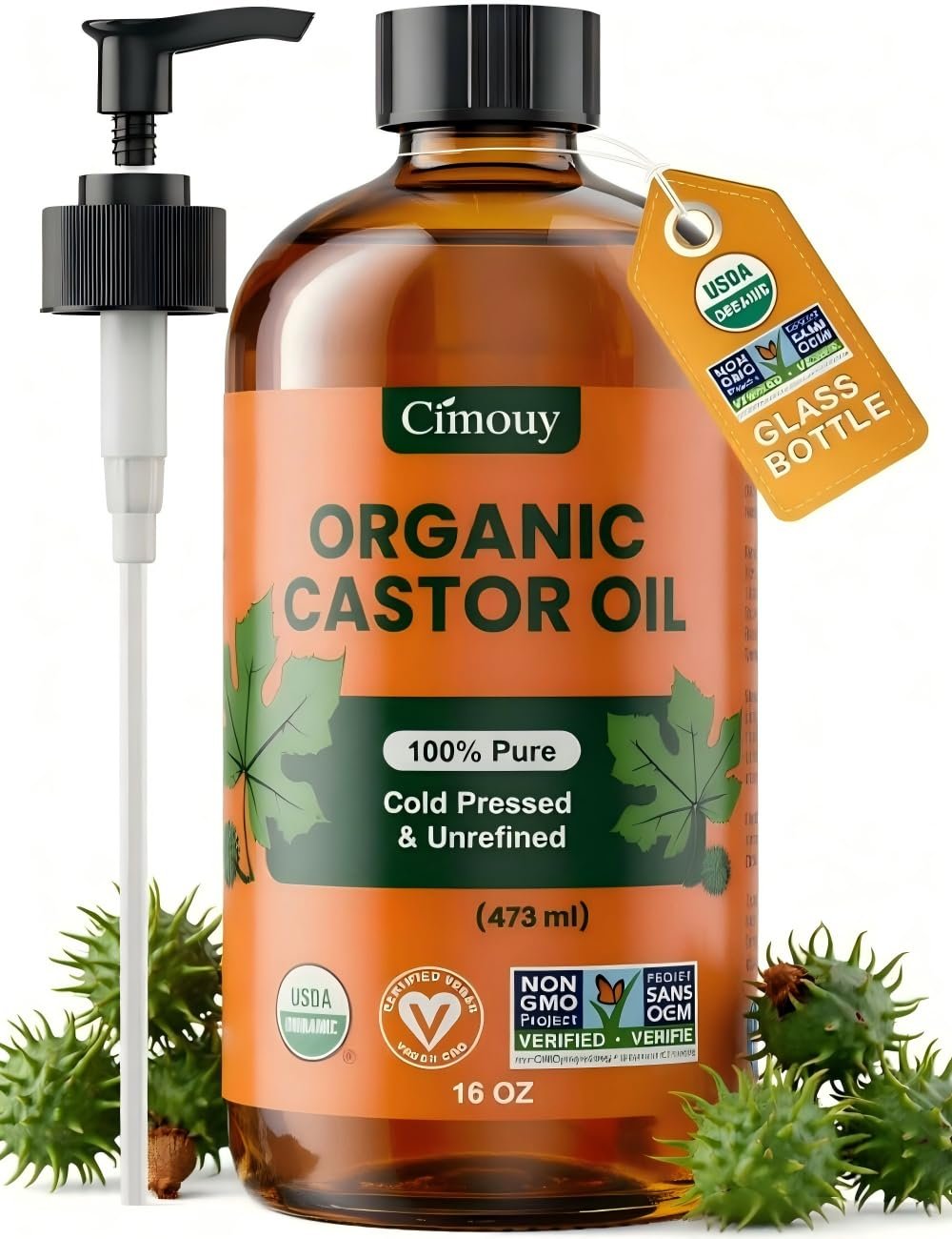 USDA Organic Castor Oil Glass Bottle16oz,100%Pure, Vegan,Hexane Free